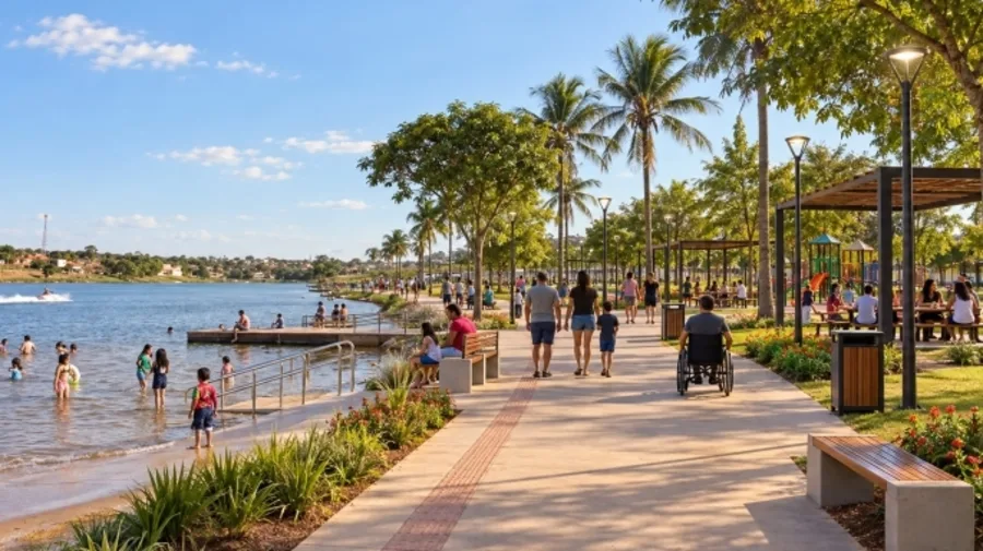 Projeção do Lago Azul revitalizado, com calçadão e arborização